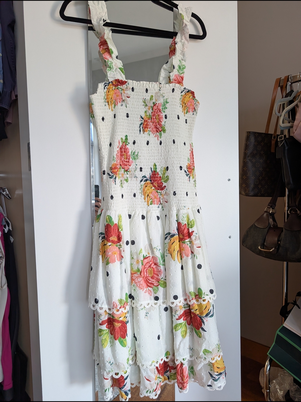 FARM Rio White Eyelet Floral Tiered Sundress with Ruffled Straps Midi Dress